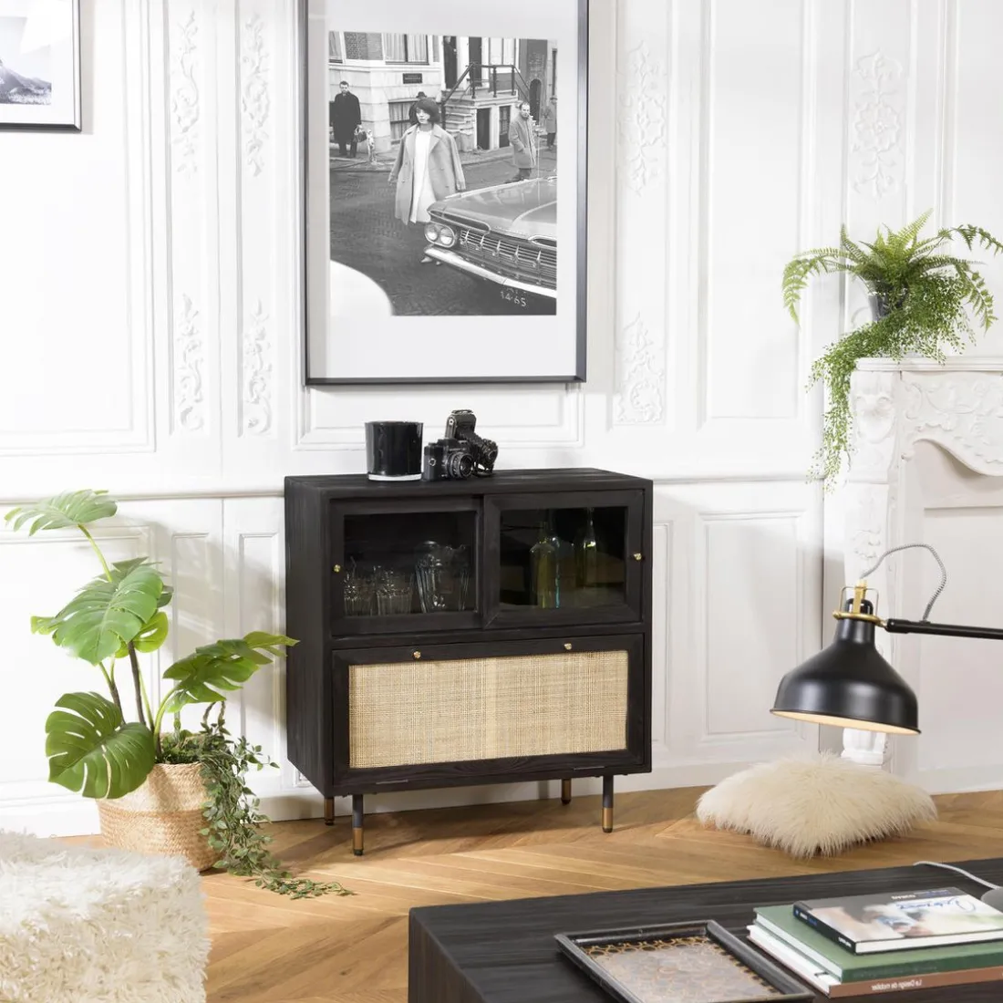 Buffet Noir 3 Tiroirs 2 Portes Cannage YANIS