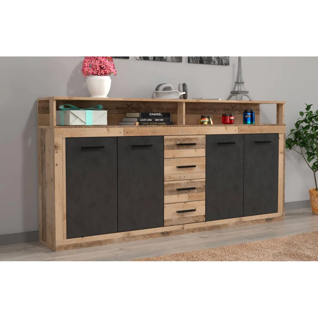Buffet style industriel L190cm 4 portes er 4 tiroirs Lunata Chêne et Gris