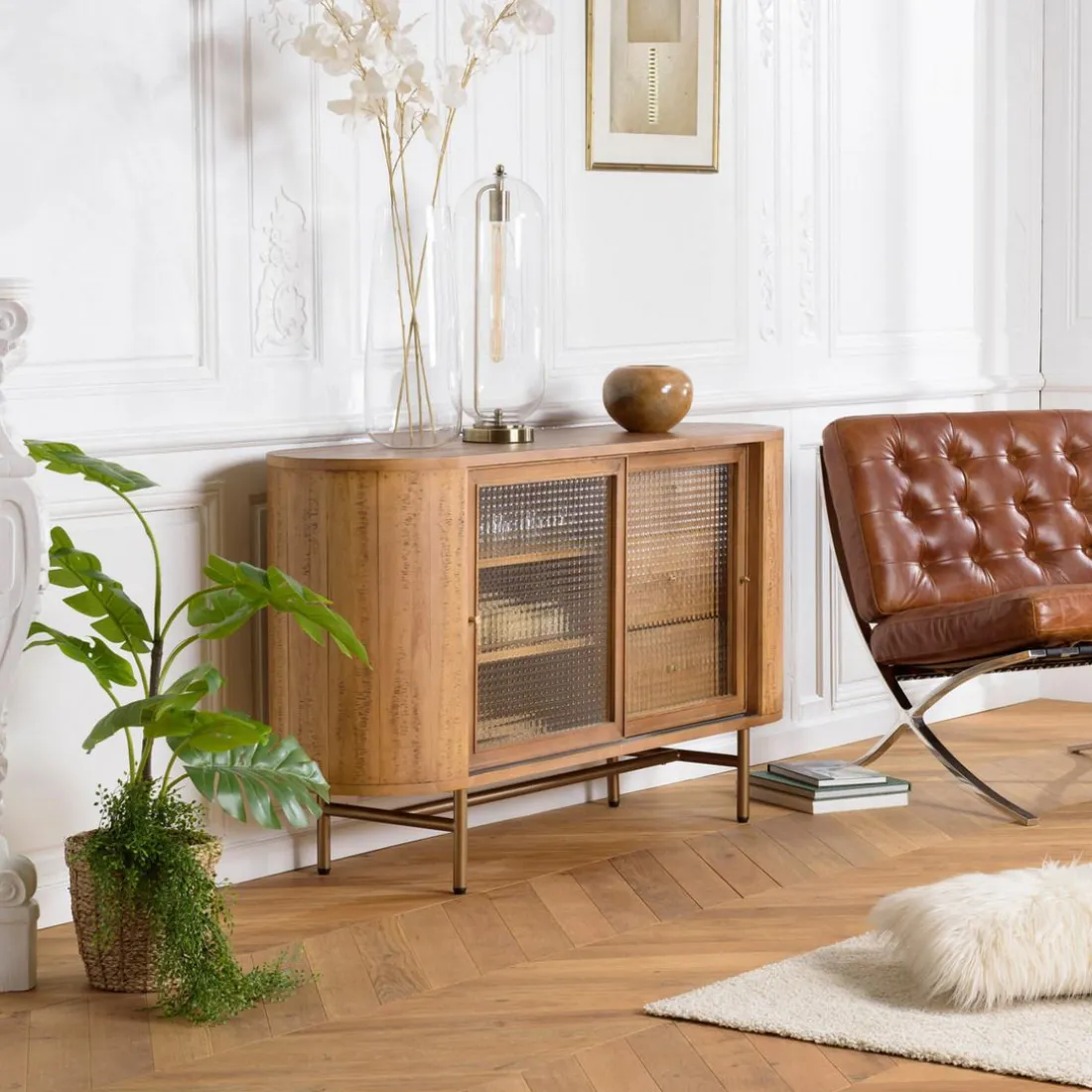 Buffet YSEULT 2 portes coulIssante en verre 3 tiroirs