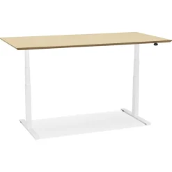 Bureau assis-debout électrique 'BIONIK'avec plateau en bois finition naturelle et pied en métal blanc