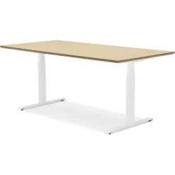 Bureau assis-debout électrique 'BIONIK'avec plateau en bois finition naturelle et pied en métal blanc