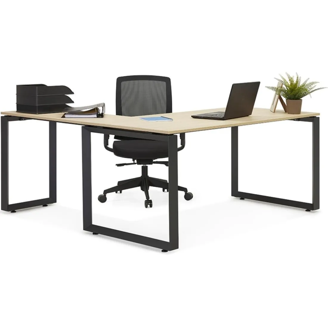 Bureau droit design 'BAKUS' en bois finition naturelle et métal noir