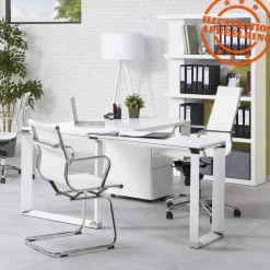 Bureau droit design 'XLINE' en bois finition naturelle et métal blanc