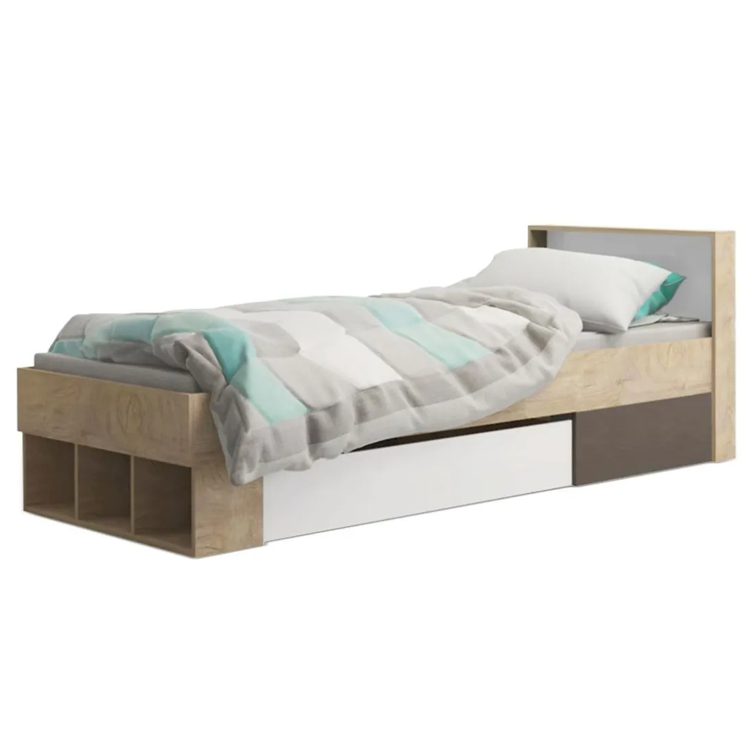 Cadre de lit simple Mitogo pour sommier avec 3 casiers de rangement Chêne clair
