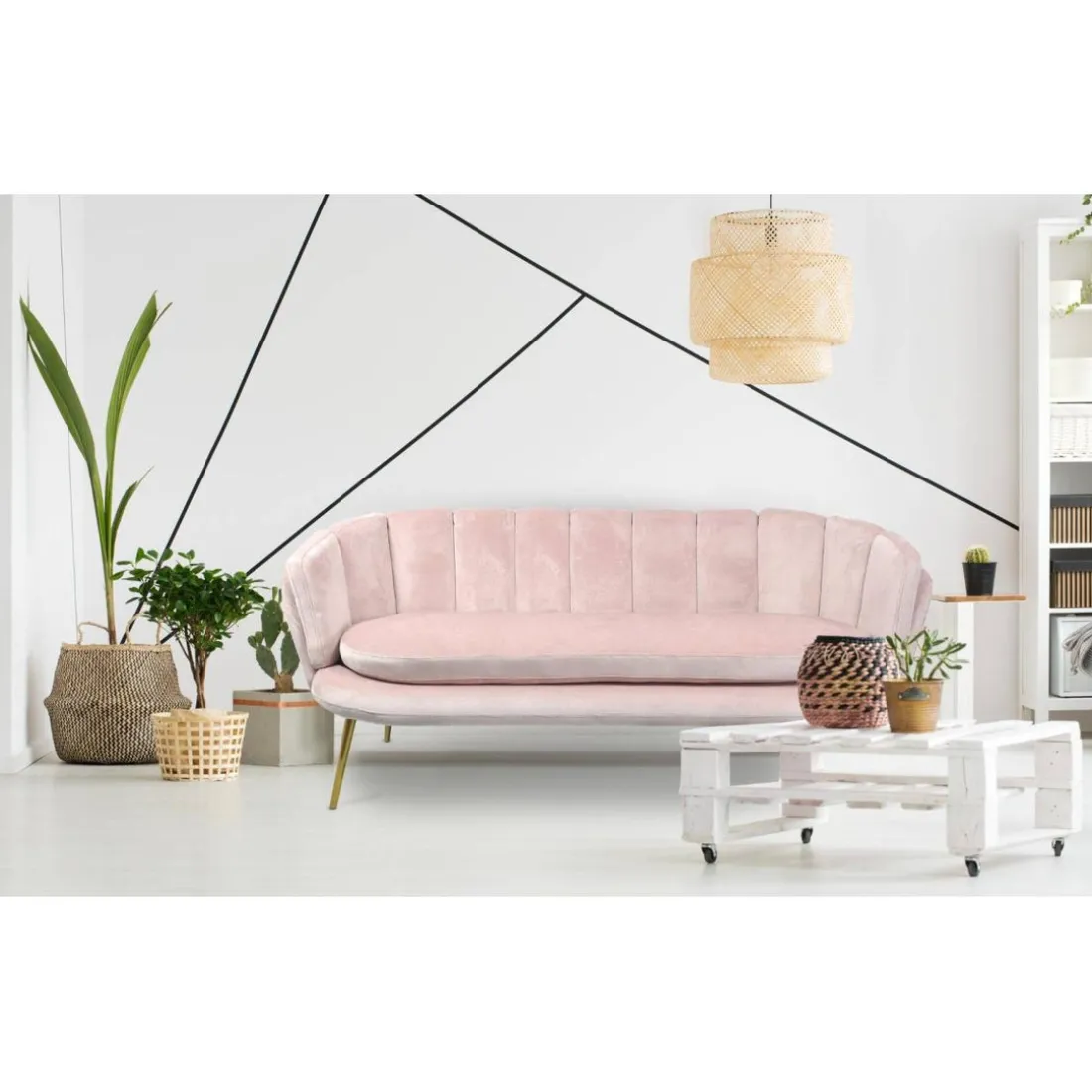 Canapé 3 places arrondi Brenda Velours Rose pieds Or