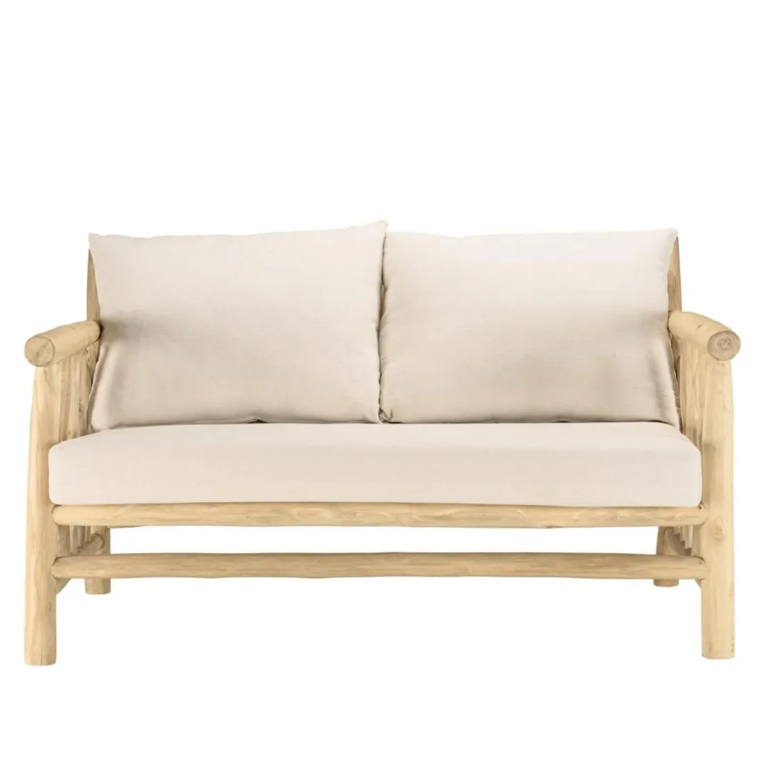 Canapé BORNEO 2places en branches de teck naturel coussins blancs WILL