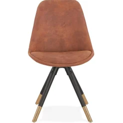 Chaise design 'MAGGY' en microfibre brune et pieds en bois noir