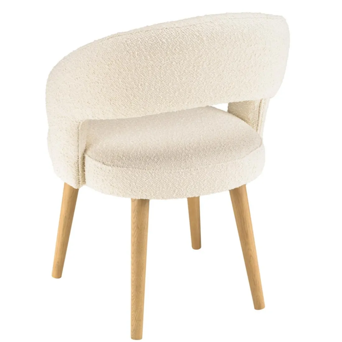 Chaise en tissu bouclette écru, dossier ouvert, pieds en bois PIERRE