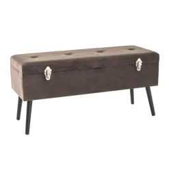 Coffre de rangement en MDF avec assise rembourrée et rabattable recouvert de tissu velours Taupe et pieds en bois de pin laqué noir