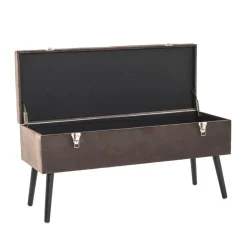 Coffre de rangement en MDF avec assise rembourrée et rabattable recouvert de tissu velours Taupe et pieds en bois de pin laqué noir