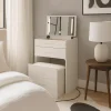 Coiffeuse compacte avec miroir LED, tiroir et pouf intégré Germina Blanc