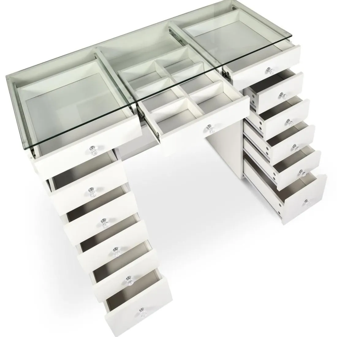 Coiffeuse moderne avec 13 tiroirs et plateau en verre transparent Probeauty Blanc