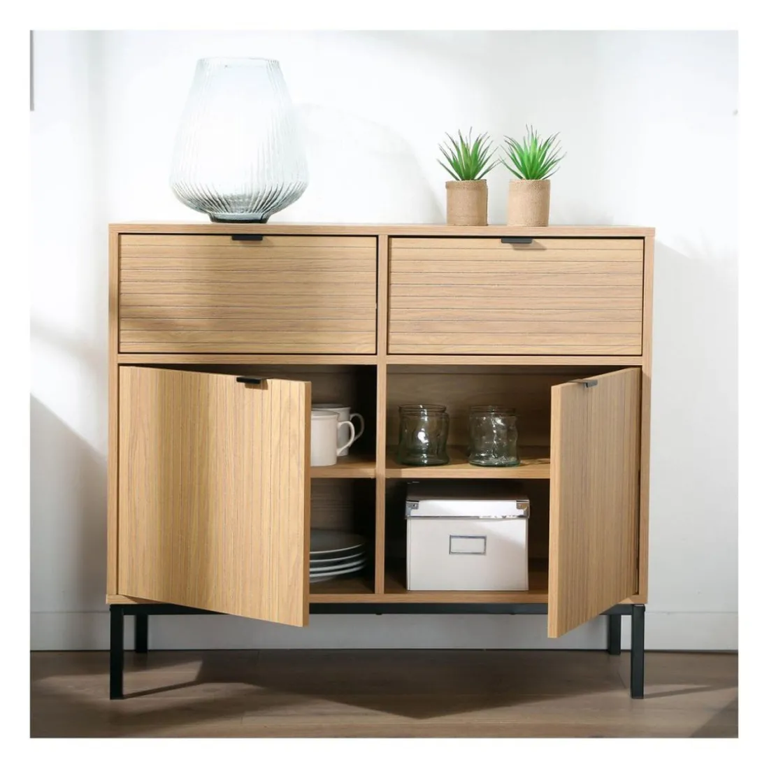Commode 2 Portes 2 Tiroirs Façades Rainurées en bois Beige