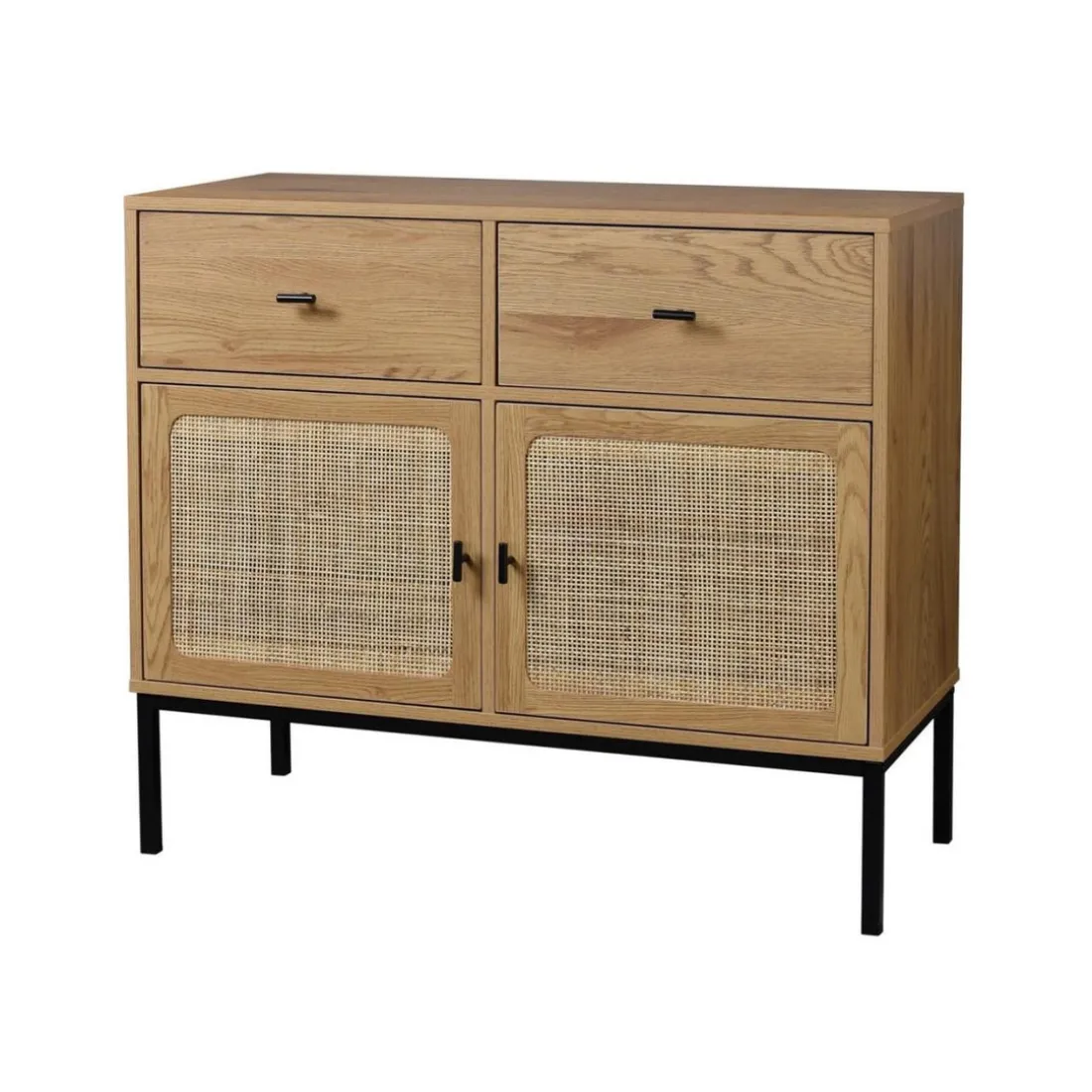 Commode 2 Portes 2 Tiroirs avec Cannage Rotin en bois Beige