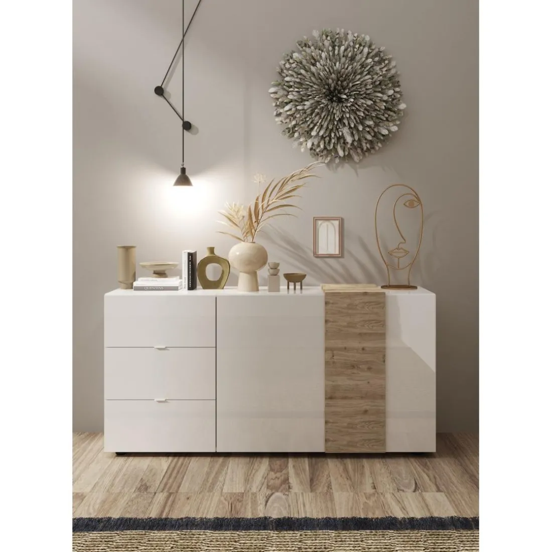 Commode 2 portes 3 tiroirs blanc lacqué