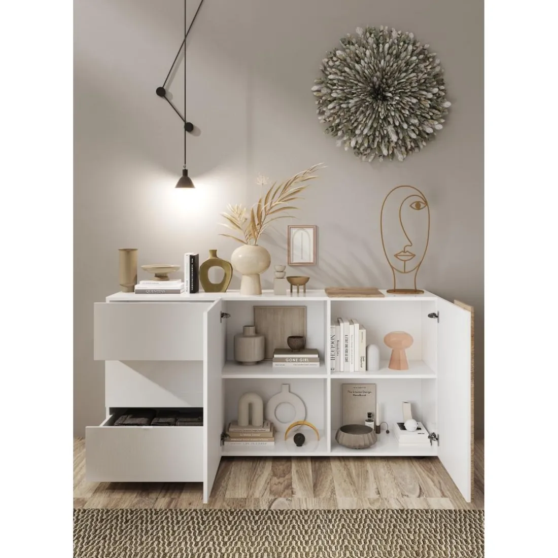 Commode 2 portes 3 tiroirs blanc lacqué