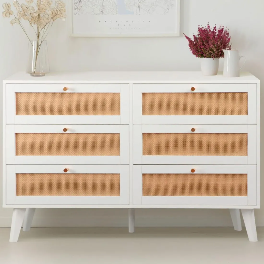 Commode 6 tiroirs avec cannage Dalgora Blanc