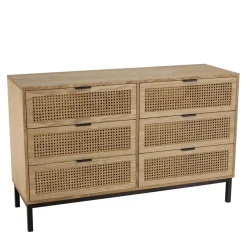 Commode 6 tiroirs cannage naturel pieds métal noir MARCEAU