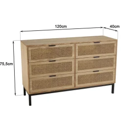 Commode 6 tiroirs cannage naturel pieds métal noir MARCEAU