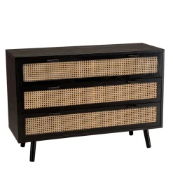 Commode noire 3 tiroirs cannage naturel ANGELO