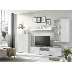 Composition murale meuble TV, étagère et 2 buffets muraux laqué blanc