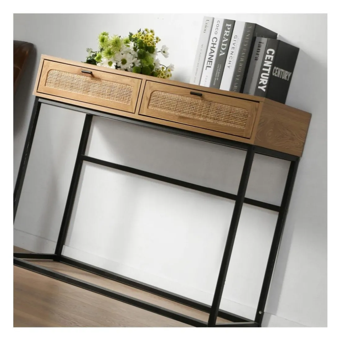 Console 2 Tiroirs avec Cannage Rotin en bois Beige