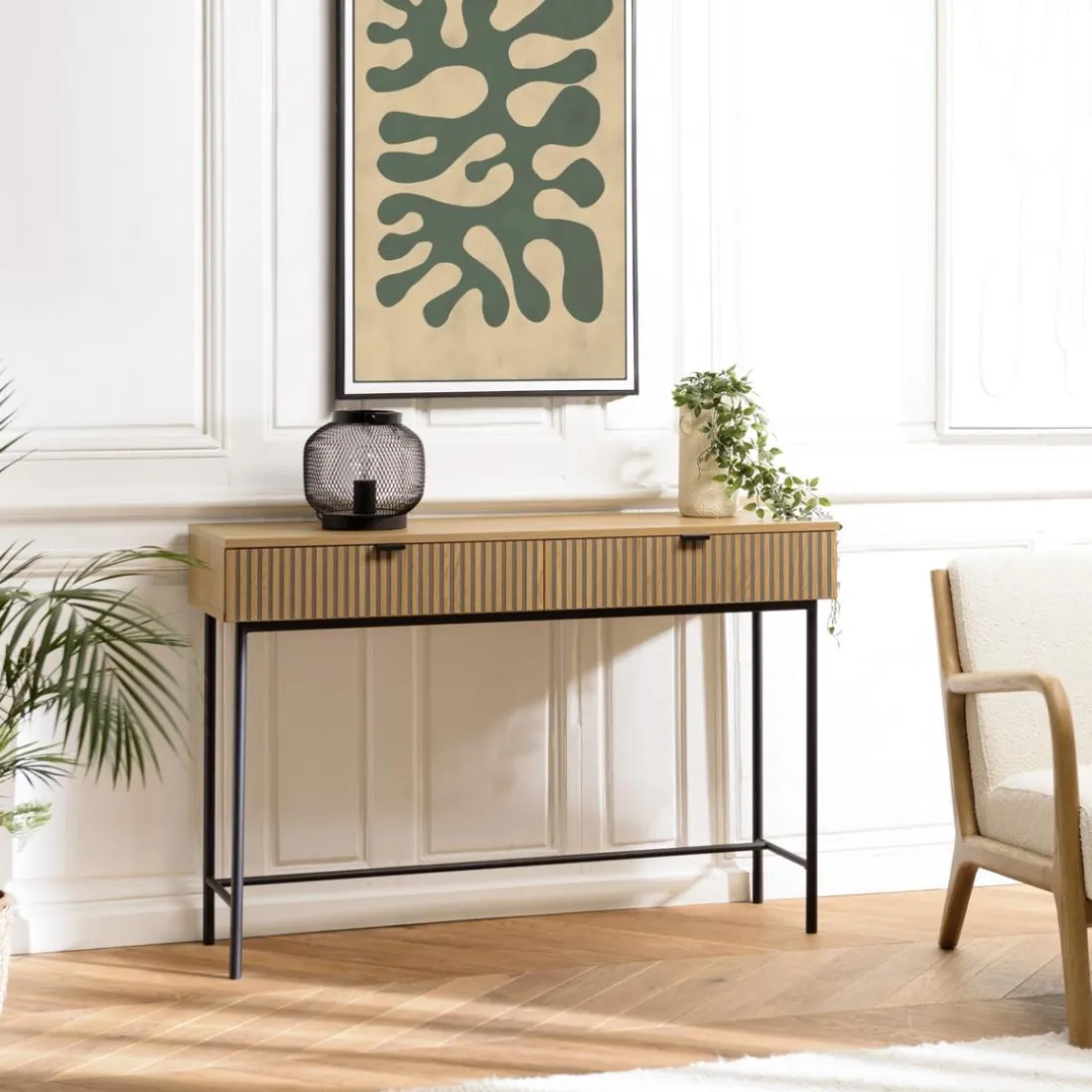 Console 2 tiroirs décor effet bois rainuré noir naturel SCOTT