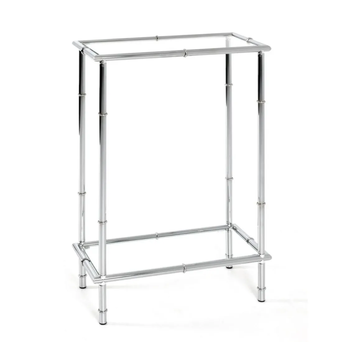 Console chromée avec plateaux en verre trempé transparent et structure en métal