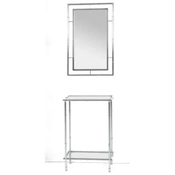 Console chromée avec plateaux en verre trempé transparent et structure en métal