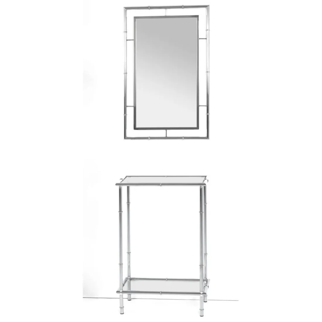 Console chromée avec plateaux en verre trempé transparent et structure en métal
