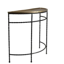 Console demi-lune 90x36cm alu doré pieds métal noirs torsadés JOHAN