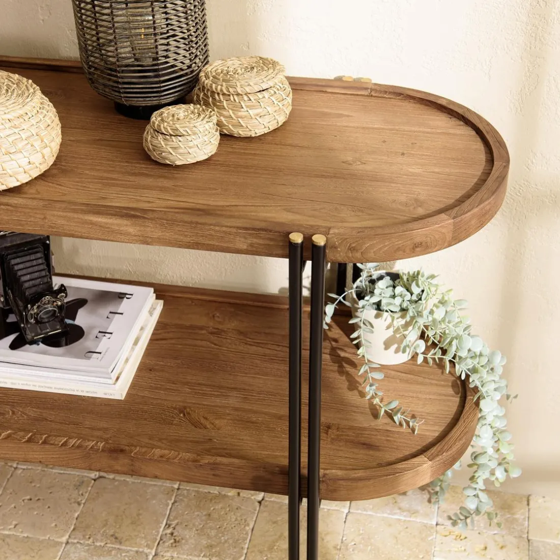 Console double plateau arrondi en bois de teck recyclé