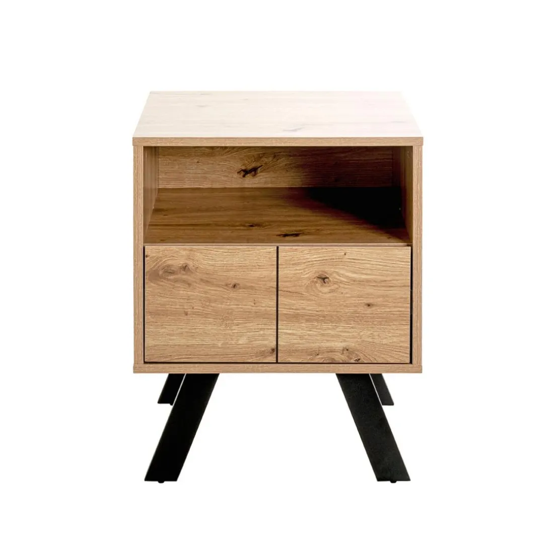 Console en métal noir avec corps et tiroir décor chêne