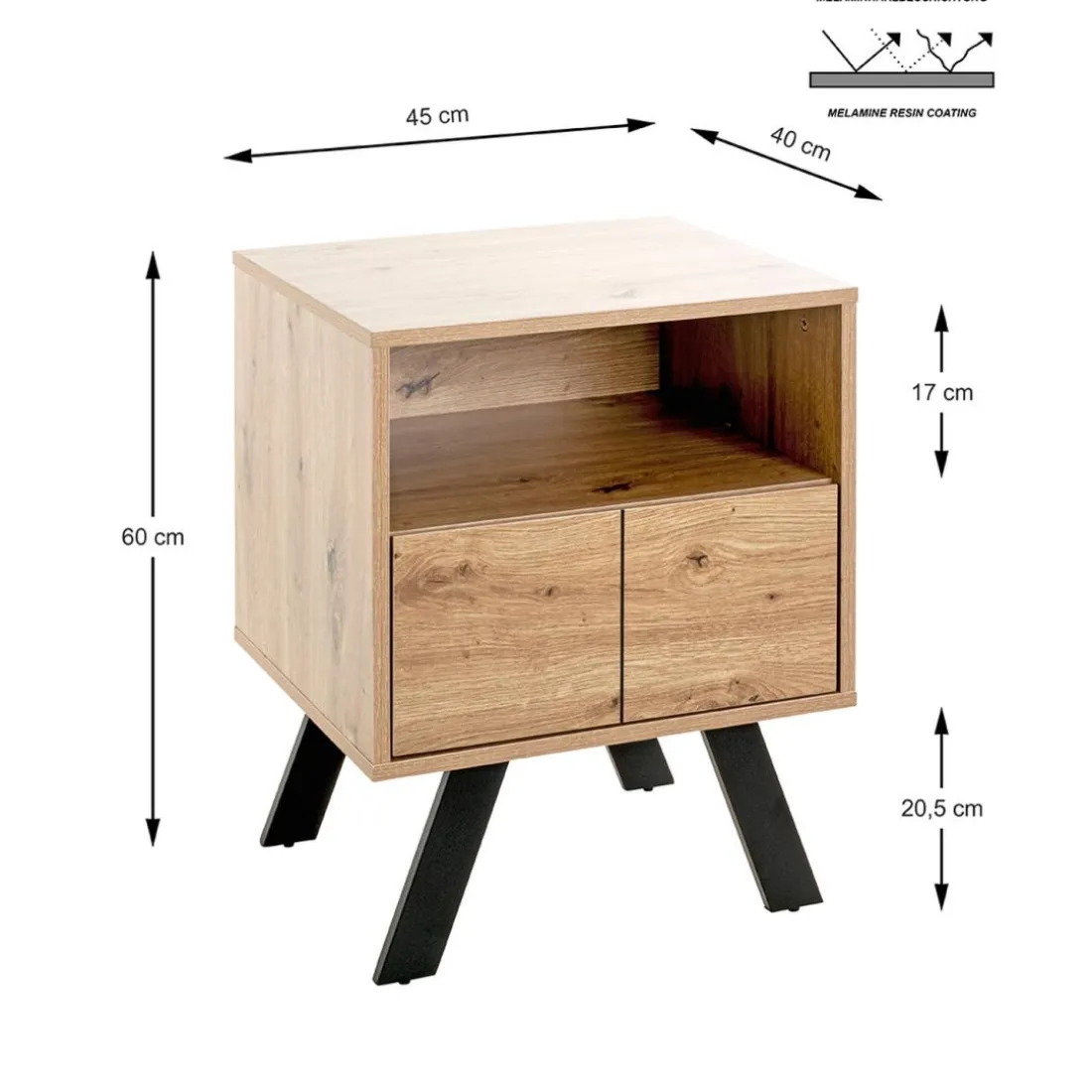 Console en métal noir avec corps et tiroir décor chêne