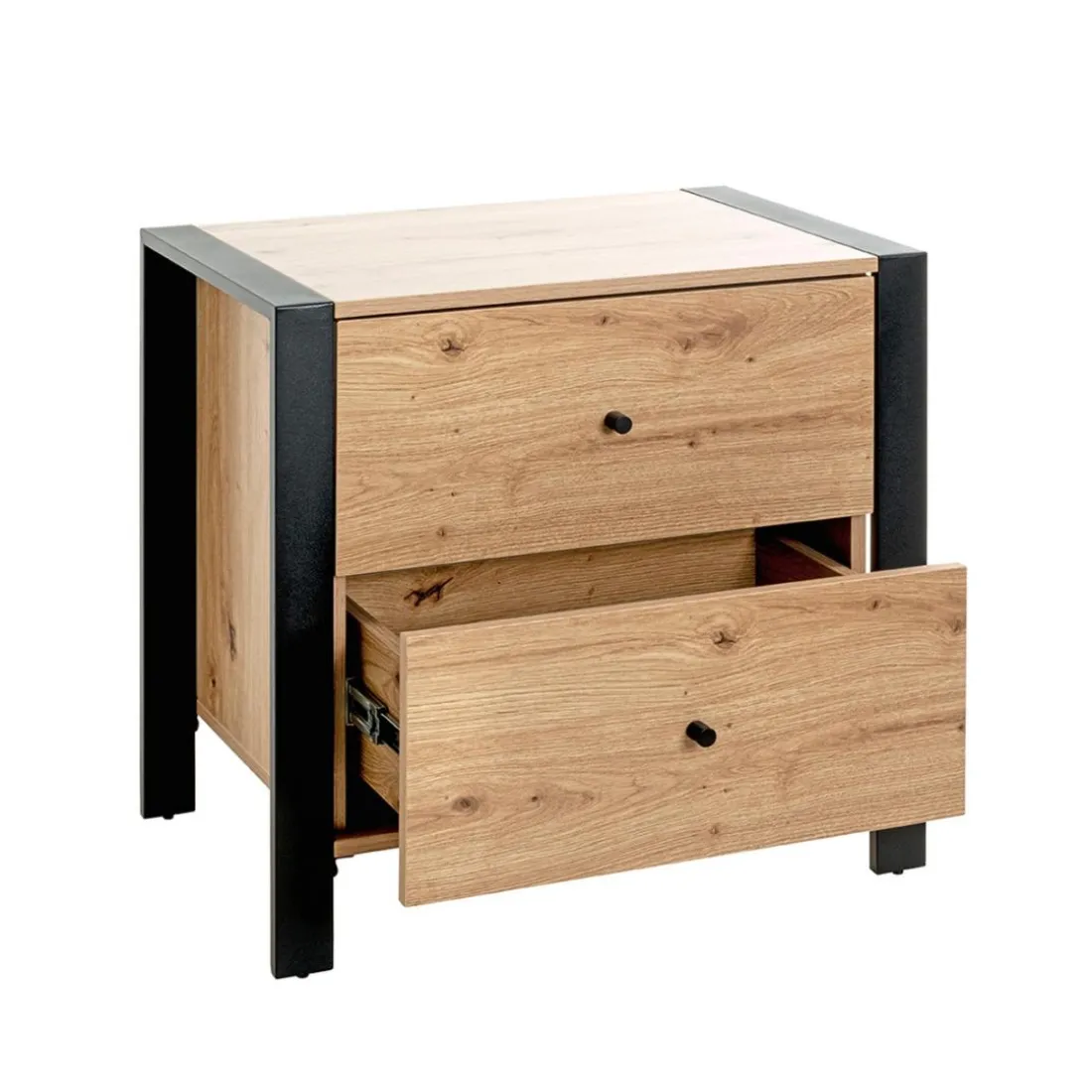 Console en métal noir avec 2 tiroirs décor chêne
