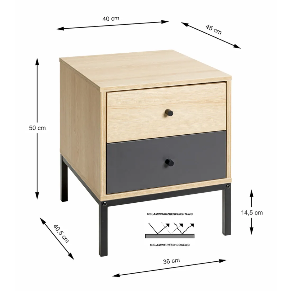 Console en tube d'acier peint en noir par poudrage corps en MDF décor chêne naturel