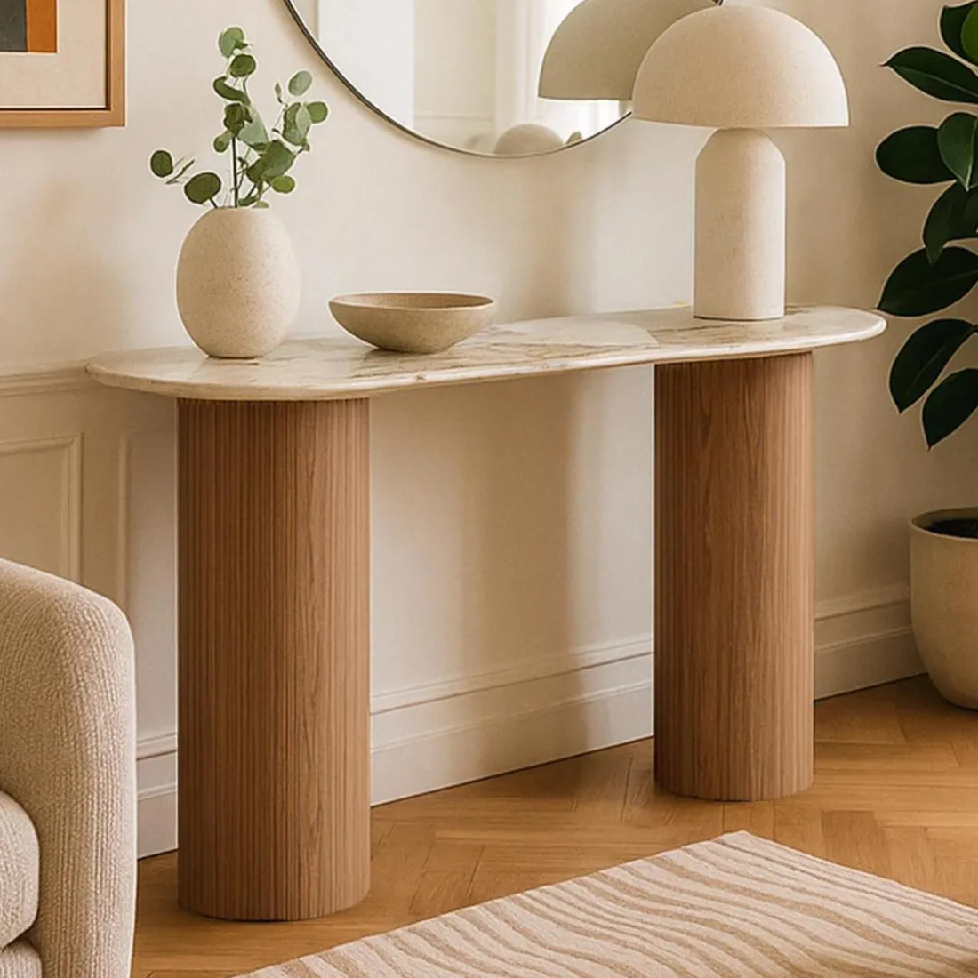 Console moderne pieds colonnes Eglantine Bois et Céramique Effet marbre Blanc