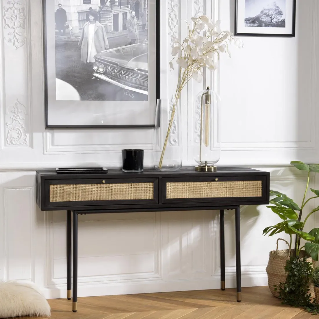 Console Noire 2 Tiroirs Cannage YANIS