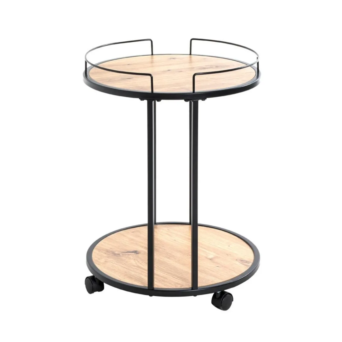 Desserte ronde sur roulettes avec plateaux en MDF décor chêne et en Tube d'acier laqué Noir