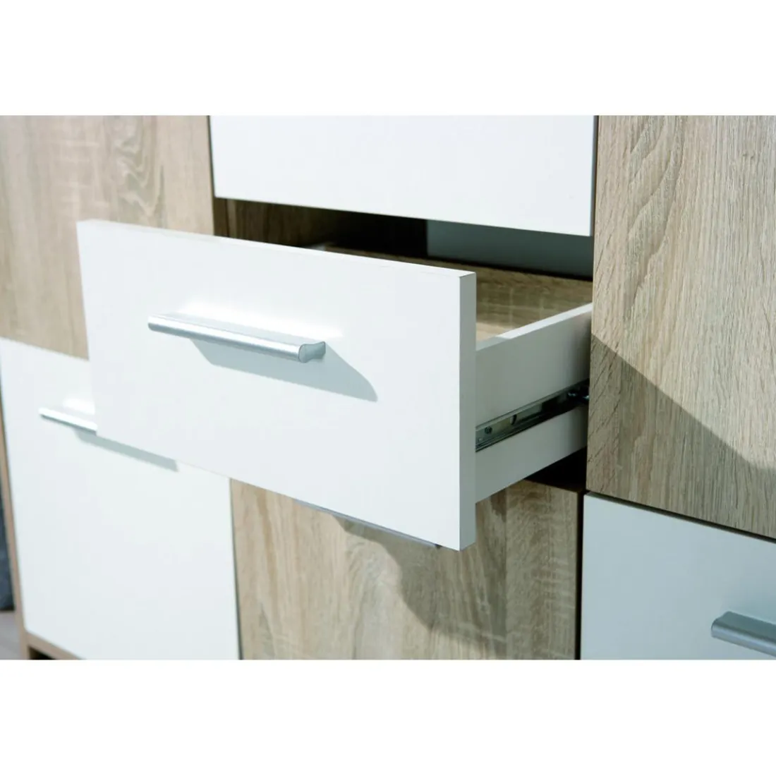 Enfilade de 7 rangements en bois 115 x 30 CM Blanche et Naturelle ELVEZIA