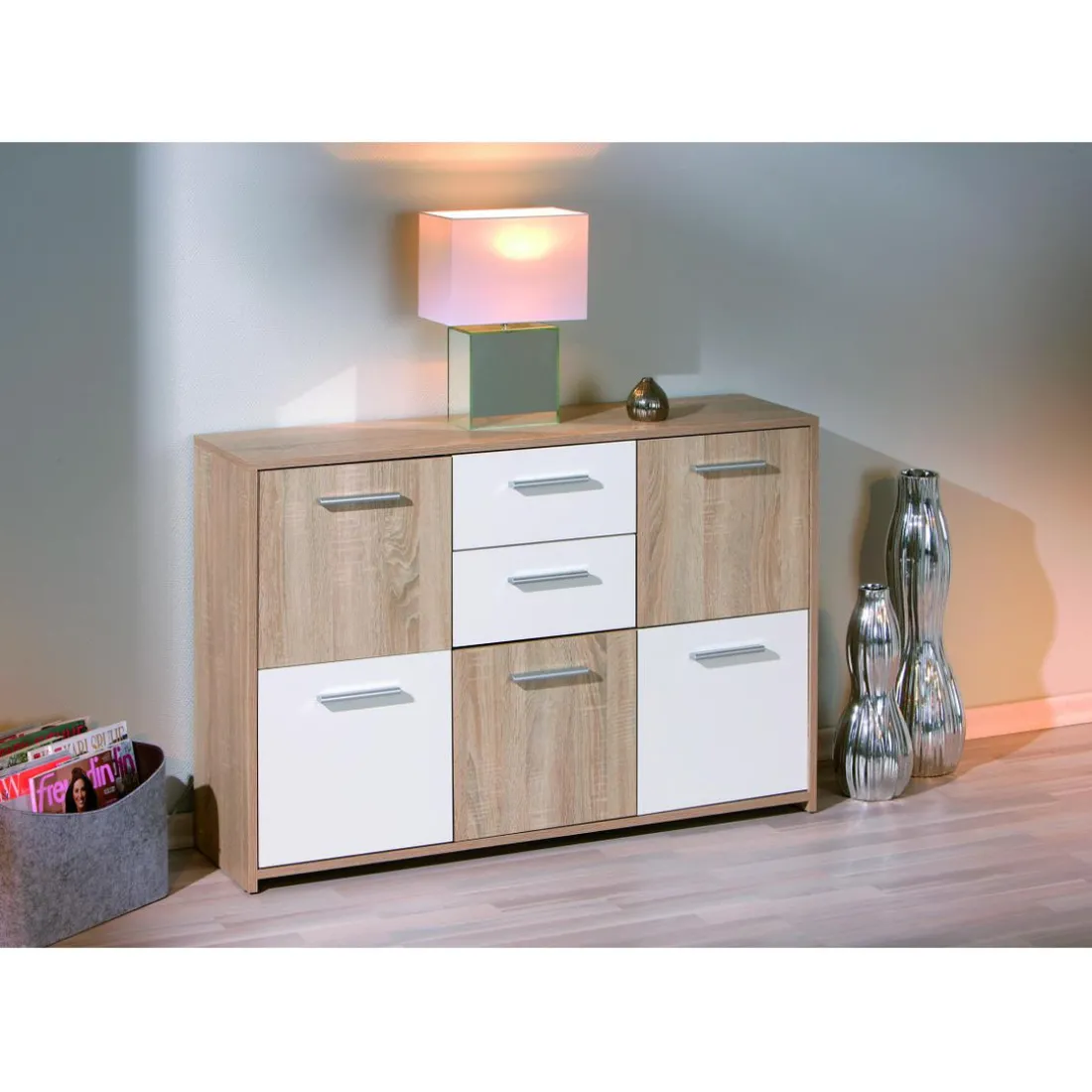 Enfilade de 7 rangements en bois 115 x 30 CM Blanche et Naturelle ELVEZIA