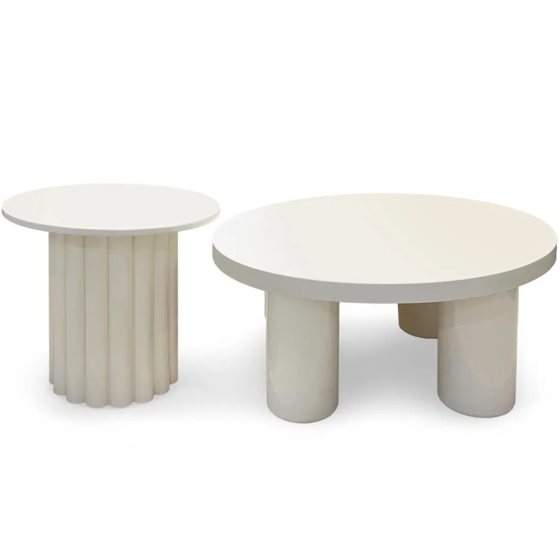 Ensemble de 2 tables basses rondes avec piètement style colonne Storia Crème
