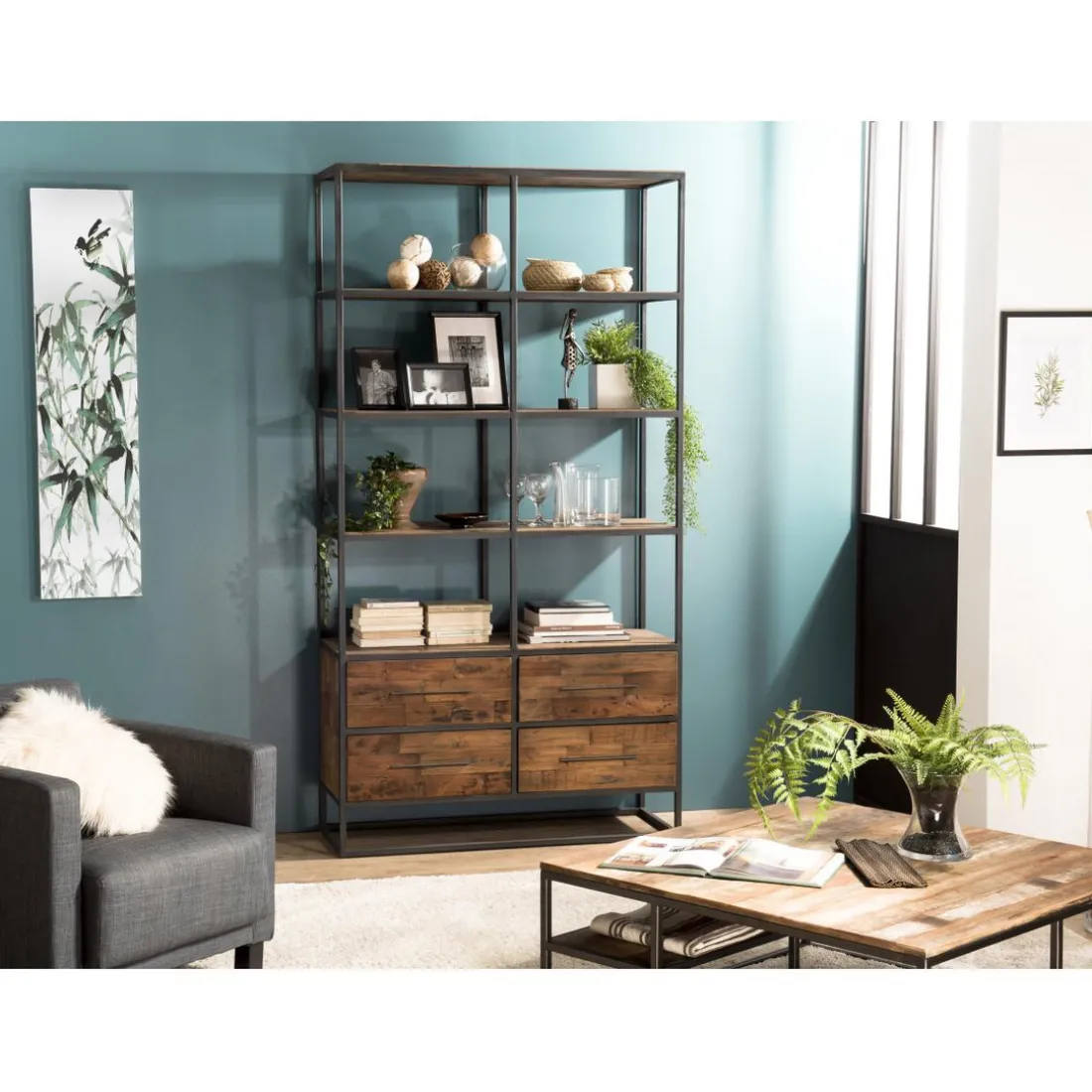 Etagère 4 Niveaux SIXTINE 4 Tiroirs Bois Teck Recyclé Et Métal