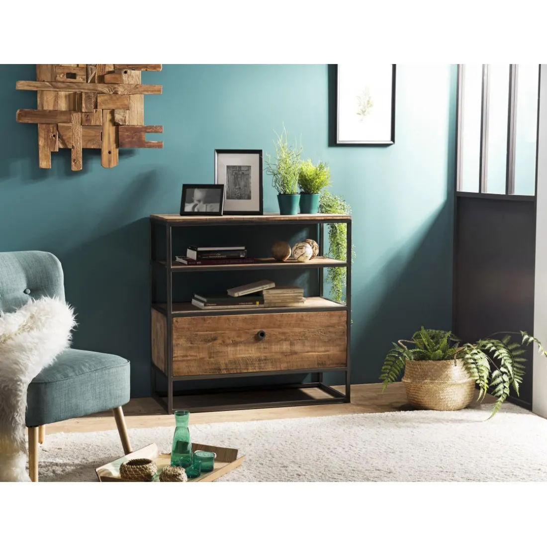 Etagère 1 Tiroir ALIDA Bois Teck Recyclé Acacia Mahogany Et Métal