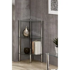 Etagère d'angle avec plateau en verre transparent