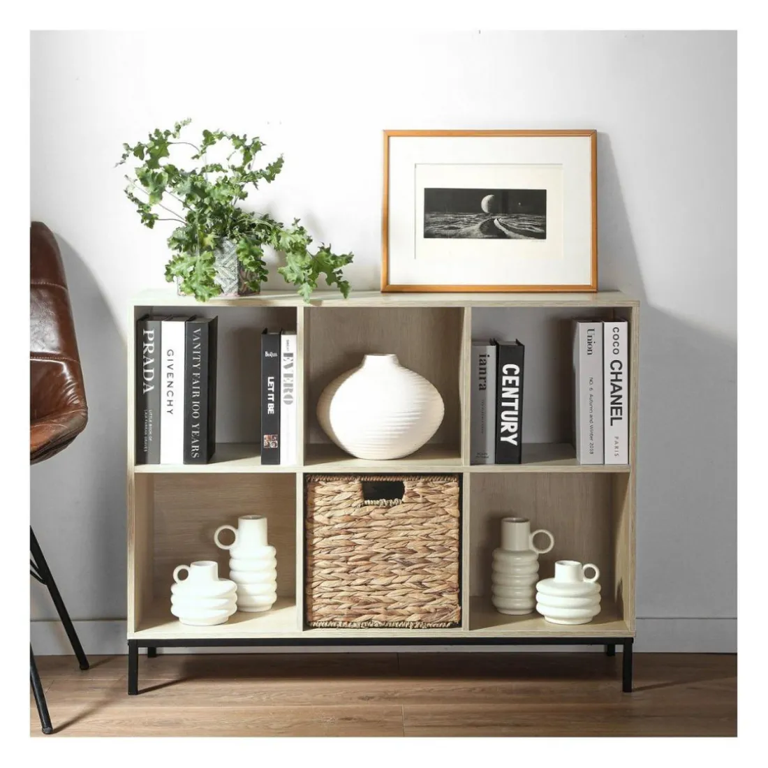 Etagère de rangement 6 cases en bois avec pieds métal