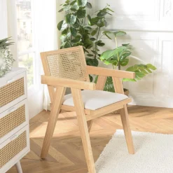 Fauteuil bois d’Hévéa assise tissu blanc dossier rotin naturel AGATHE