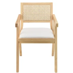 Fauteuil bois d’Hévéa assise tissu blanc dossier rotin naturel AGATHE