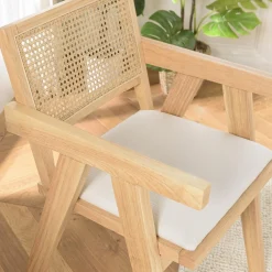 Fauteuil bois d’Hévéa assise tissu blanc dossier rotin naturel AGATHE