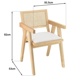 Fauteuil bois d’Hévéa assise tissu blanc dossier rotin naturel AGATHE